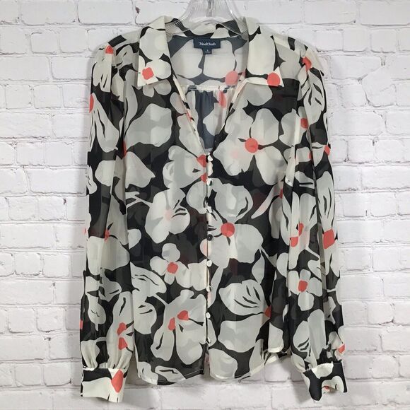 Modcloth Sheer Floral Button Front Blouse Womans Small Wide Collar Black Cream - Picture 1 of 8